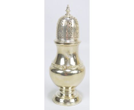 OLLIVANT & BOTSFORD; a George VI hallmarked silver sugar caster of baluster form with Celtic decoration, Birmingham 1937, hei