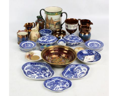 A small group of ceramics to include copper lustre glazed jugs, Old Willow pattern decorated saucers and a pair of miniature 