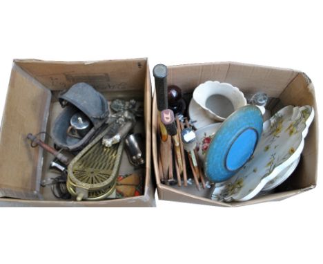A mixed lot to include an early 20th century tennis racket and two further rackets, a Victorian Lazy Susan, a Japanese cloiso