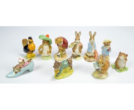 Eight Royal Albert Beatrix Potter figures; 'Benjamin Ate A Lettuce Leaf', 'Benjamin Bunny', 'Hunca Munca Spills The Beans', '