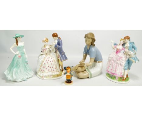 Three Royal Worcester figures comprising Figurine Of The Year 1997 Serena, The Flirtation limited edition no.1344/2450 (af) a