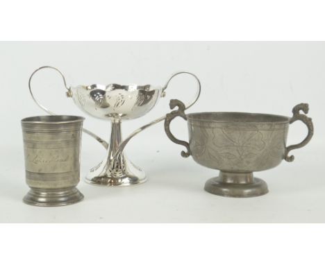 A late 18th/early 19th century pewter beaker inscribed 'St Luke's Head Old St', height 10cm, a floral bright cut decorated tw
