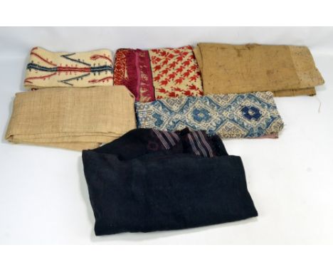 A provincial Japanese embroidered panel, various other provincial textiles, an embroidered cream ground band, etc.