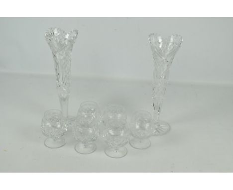 A pair of cut glass vases, height 36cm, and six cut glass brandy balloons (8).