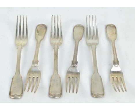 WILLIAM CHAWNER; a set of six George IV hallmarked silver fiddle and thread pattern table forks, each piece engraved with hay