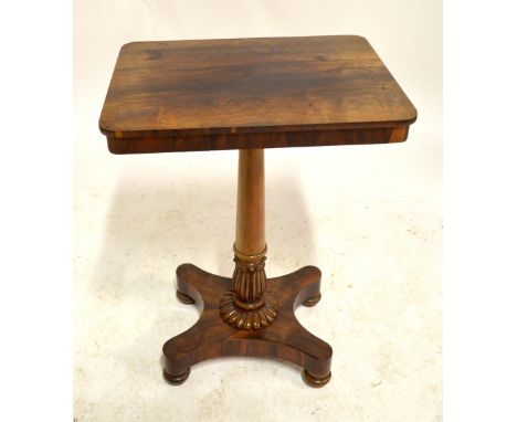 An early Victorian rosewood rounded rectangular occasional table on tapering column above quadripartite base with bun feet, 5