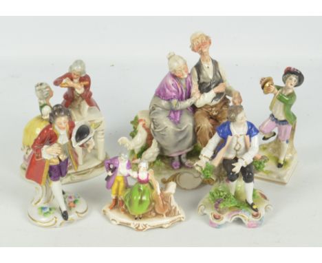 Two Capodimonte figure groups to include an elderly couple seated on brick wall with chickens, height 17.5cm, a Vienna figure