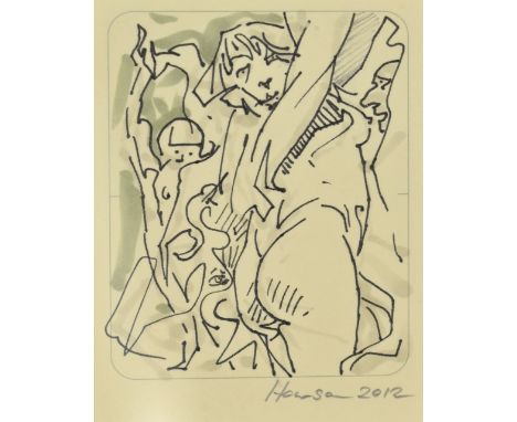 PETER HOWSON OBE (Scottish, born 1958); ink and watercolour on paper, untitled, signed and dated 2012, 8 x 7cm, framed and gl