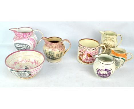 Five 19th century porcelain jugs, puce transfer decorated with architectural pastoral scene, a Masonic related example, also 