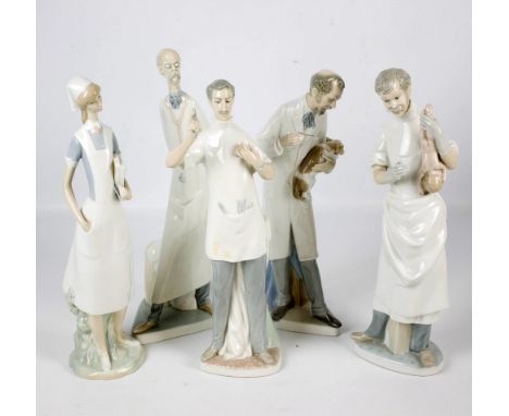 Five Lladro figures of various medics to include a surgeon, a vet and a nurse (5). CONDITION REPORT: Vet: something loose ins