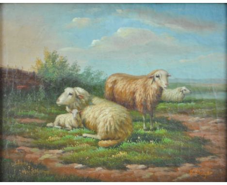 R MOYER (Contemporary); oil on board, study of sheep in a landscape, signed, 19 x 24cm, in a gilt frame. (D) CONDITION REPORT