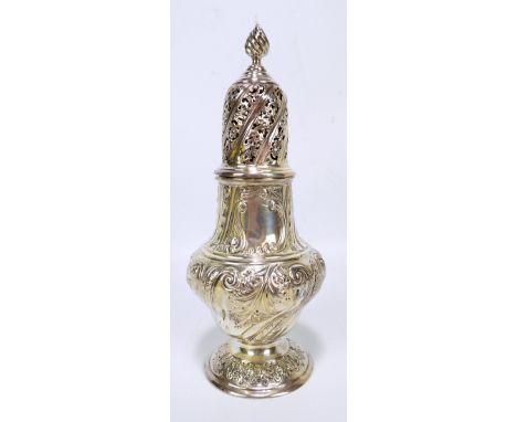 SIBRAY, HALL & CO; a large Victorian hallmarked silver sugar caster of baluster form embossed with husks and wrythen foliate 