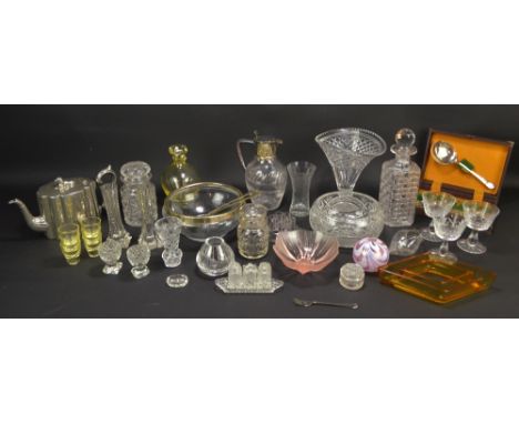 A group of predominantly clear cut glass including a square section decanter, a circular bowl, and a cruet set, also an elect