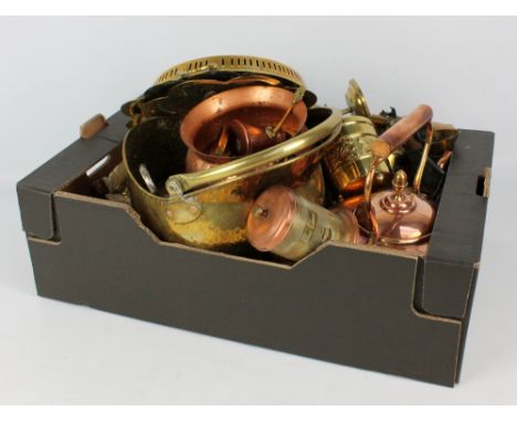 A quantity of metalware to include a brass hammered coal bucket, a tea caddy, a blow lamp, a copper kettle and hammered jardi