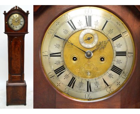 A Regency mahogany longcase clock, the shaped hood with circular dial set with silvered chapter ring, subsidiary seconds dial