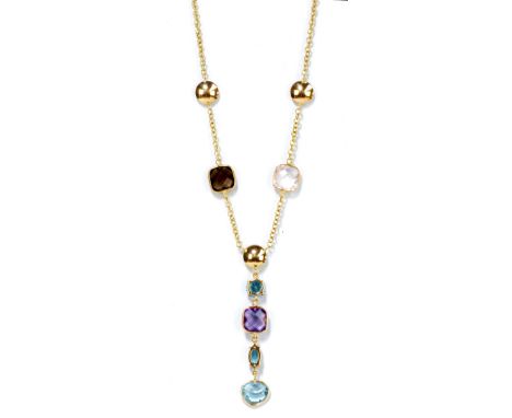 An 18ct rose gold necklace, the fine chain set with a faceted rose quartz and a faceted smoky quartz with integral drop penda