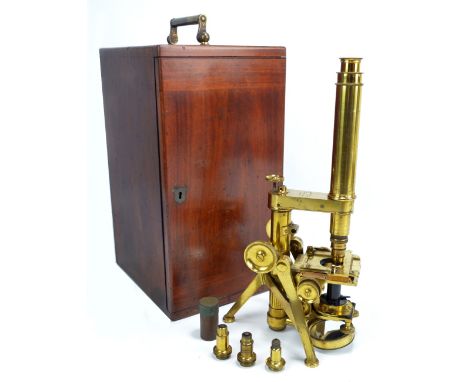 POWELL & LEALAND OF LONDON; a rare Victorian lacquered all brass monocular microscope, dated 1878, inscribed 'Powell & Lealan