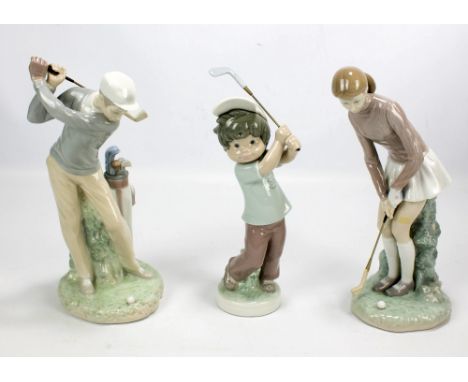 A pair of Lladro figures of female and male golfers, and a further caricatural of a golfer boy (3). 