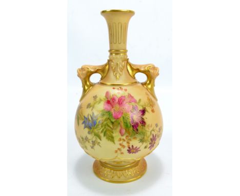 A Royal Worcester blush ivory porcelain vase of globular form with slender waisted neck and stylised mask twin handles, paint