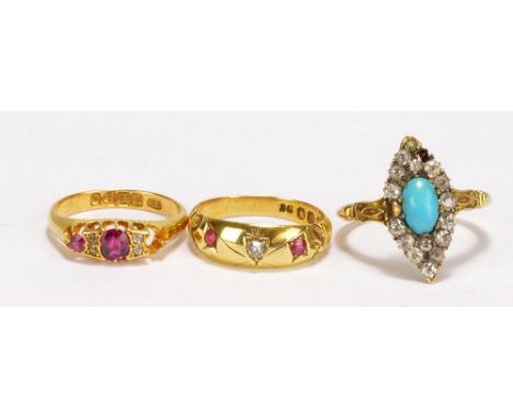 Two Victorian 18ct yellow gold diamond and ruby dress rings, Chester 1899 and Birmingham 1888, sizes L and M1/2, and a furthe