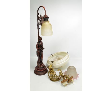 A spelter figural table lamp with mould frosted glass shade, height 68.5cm, a white opaque glass plaffonier, a pair of gilt w