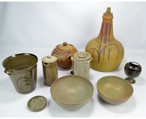A group of studio ceramics including large lamp base, height excluding fitment approx 45cm.