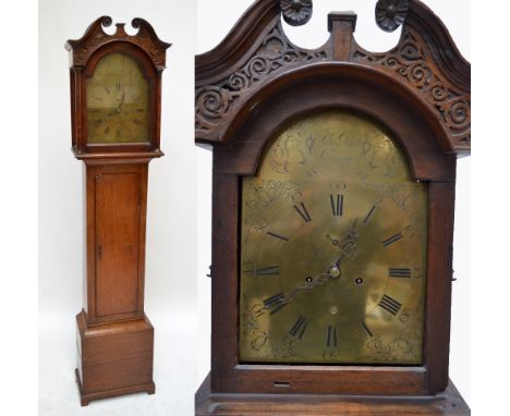 JOHN PEAT OF CRIEFF; a late 18th century oak longcase clock with broken swan neck pediment above domed brass dial set with ci