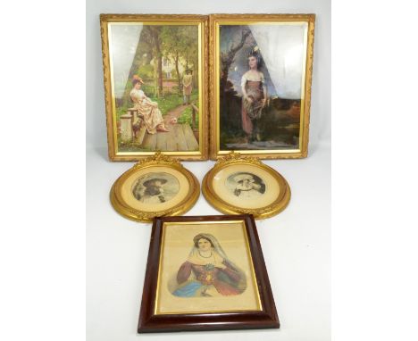 A pair of 19th century coloured oval etchings depicting young females, in decorative gilt frames, height 49cm including mould