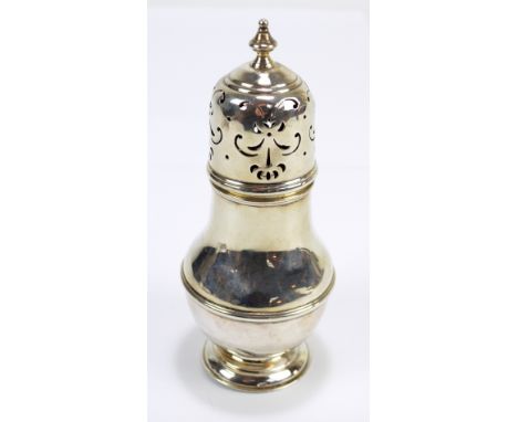 THOMAS EDWARD ATKINS; a George V hallmarked silver sugar caster with pierced top and cast finial on spreading circular foot, 