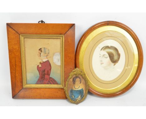 LATE 19TH CENTURY: watercolour, portrait of a lady, 13 x 10cm, in maple bird's eye frame, a further oval miniature in gilt me
