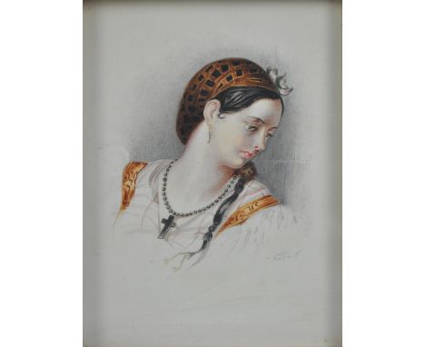 MULLER; 19th century pencil and watercolour study, head and shoulders portrait of a young woman wearing headpiece, drop earri