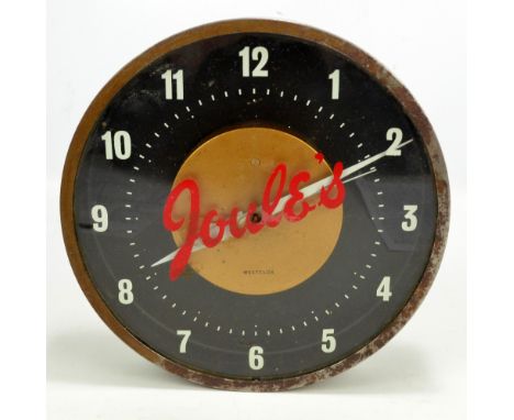 A Joule's advertising/bar clock, the circular face set with painted Arabic numerals, produced by Westclox, dial diameter appr