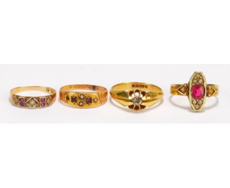 Two Victorian 18ct yellow gold dress rings set with cultured pearls and rubies (some losses), an 18ct yellow gold gentleman's