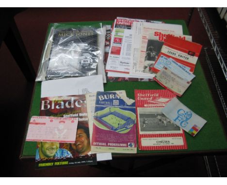 Leeds United v. Sheffield United Programmes, tickets, reserves, plus signed Mick Jones Book. Chelsea ticket and team shet for