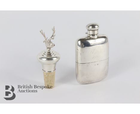 Silver shooting hip flask with screw top, stamped 925, engraved James 1991, approx 133 gms together with a large wine stopper