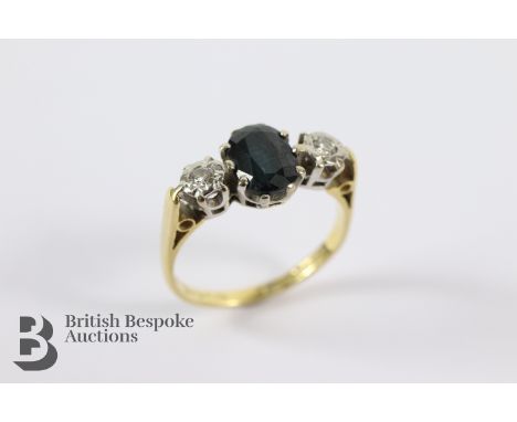 Vintage 18ct sapphire and diamond ring. The oval sapphire measures 7.8 x 5.8mm, size K, approx 2.8 gms.&nbsp;April Sale Sligh
