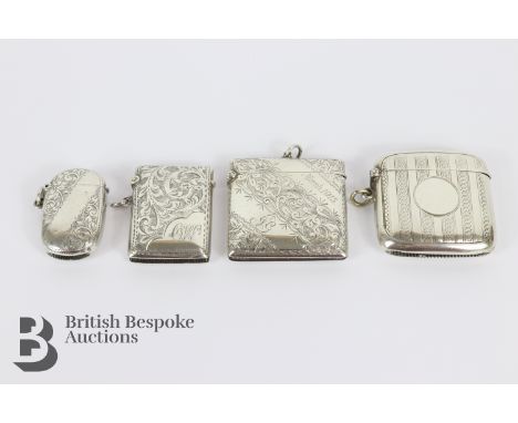 Four silver vesta, the first is Chester hallmarked dated 1910, mm Sampson Mordan approx 50 x 45 mm approx 31.47 gms, having f