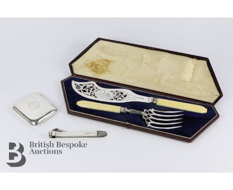 Sterling silver cigar cutter, London hallmark, dated 1903 mm Jordan &amp; Collins together with a silver cigarette case, Birm