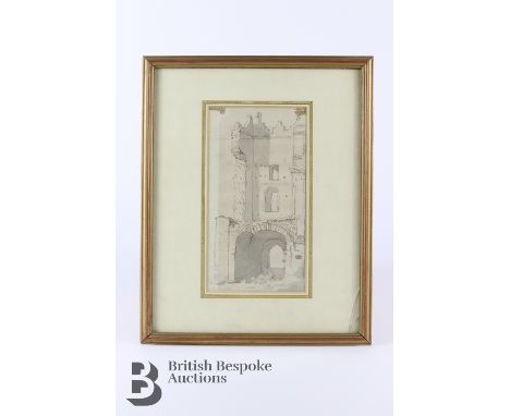 Francis Place (1647-1728) pencil sketch, entitled Part of the ruins of St Martins Abbey, label to verso J S Maas &amp; Co Ltd