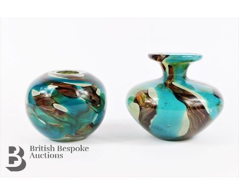 Mdina glass Tiger turquoise-blue and ochre globe vase, approx 13 cms h, together with a rimless Mdina glass Tiger vase, appro