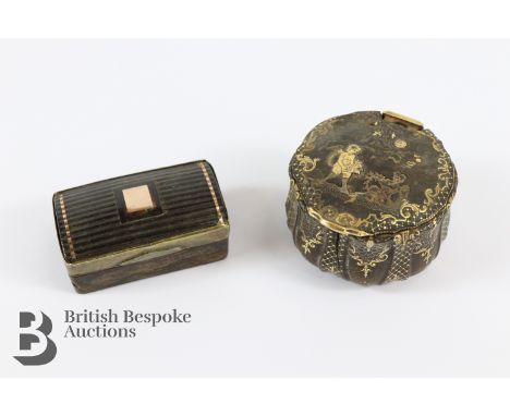 18th century French bone and 14ct gold inlaid circular snuff box; together with another bone snuff box.