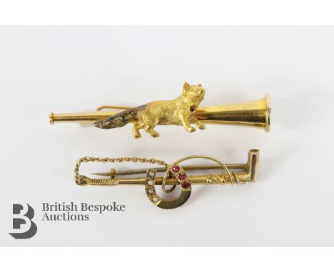 10ct yellow gold fox and horn bar brooch, approx 53 mm together with a 9ct ruby and seed pearl bar brooch on steel pin, appro