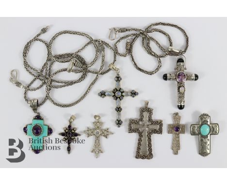 Silver Sajen silver and amethyst cross pendant, on a solid link silver chain. The pendant measures 60 x 40 mm, the chain leng