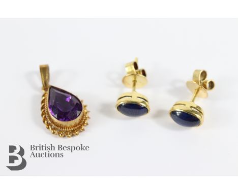 Pair of 14/15ct (tested) gold peacock-blue cabochon sapphire earrings, together with a 9ct gold amethyst pendant. (3)