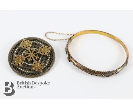 Edwardian 9ct gold bangle (stamped 15ct), approx 66mm diameter, approx 7.5 gms, together with a silver and 14ct yellow gold c