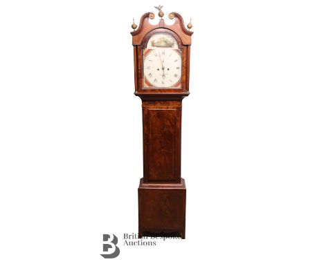 19th century long case clock, having an enamel painted arched dial, Roman numerals, marked R. Beveridge Newburgh. The rear of