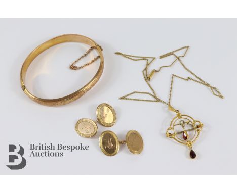 9ct rose gold bangle (dented), 9ct gold cuff-links and 9ct gold seed pearl and garnet pendant on a fine 9ct gold chain, appro