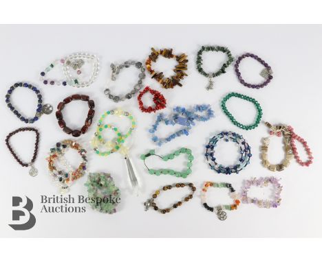 Semi-precious stone bracelets and necklaces, including amethyst, quartz, tigers eye amongst it, together with seven silver wi