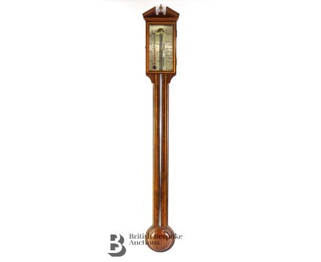 Georgian-style oak mercury stick barometer, silvered engraved dial signed 'Comitti Holborn' with thermometer, approx 98 cms i