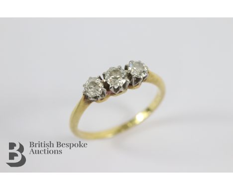 18ct yellow gold three-stone diamond ring, size M, set with 50 pts of dias, approx 2.22 gms.&nbsp;